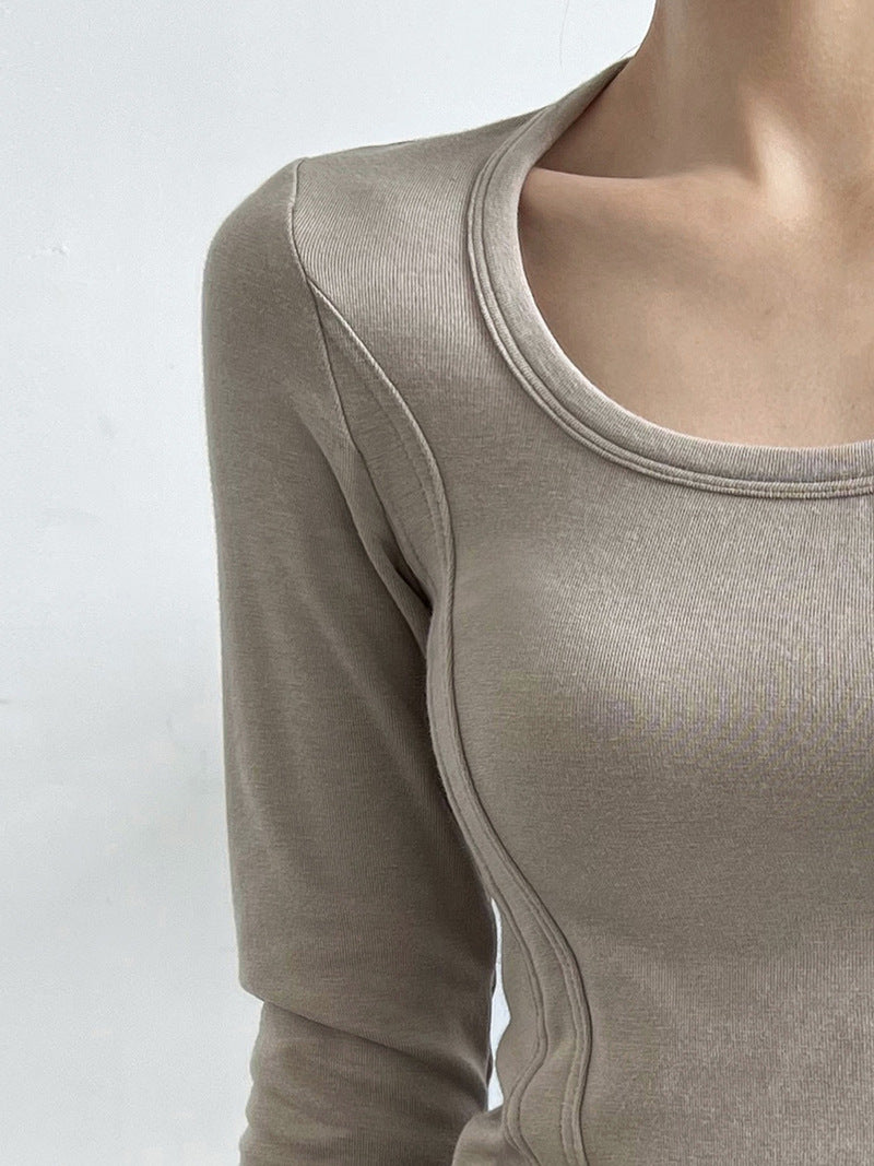 Luxi, Spice Girl splicing slim-fit exposed collarbone soft waxy bottoming shirt autumn new big U-neck long-sleeved T-shirt women 2988