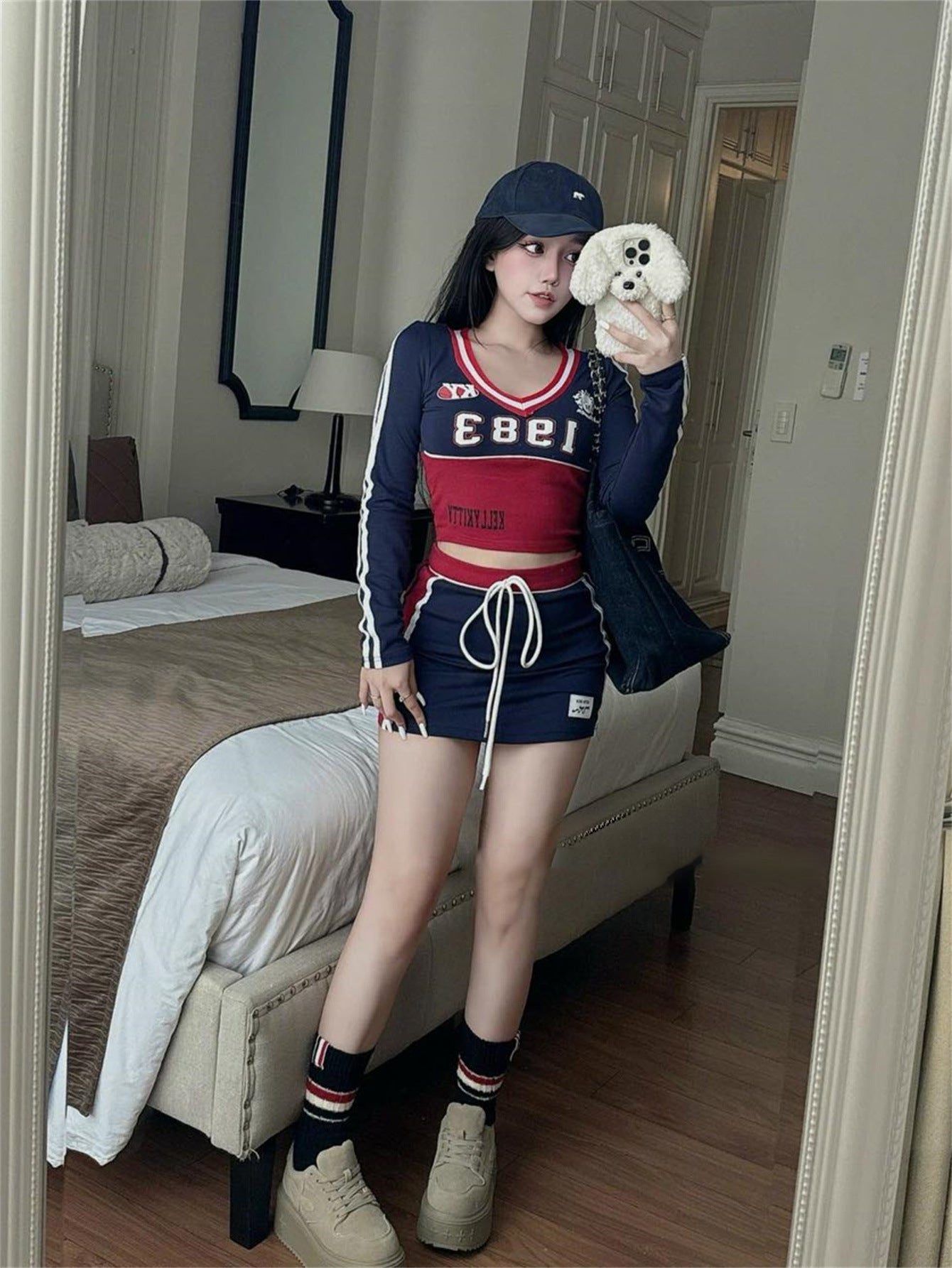 popular autumn new New slim-fit fashion printing contrasting colors Spice Girl long-sleeved top lace-up short skirt set