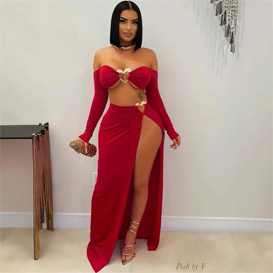 new New Popular trade solid color long-sleeved sexy short navel top split-ended long skirt skirt suit women