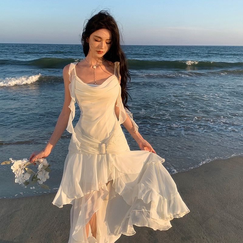 2025 gentle wind white suspender dress design sense niche vacation super fairy Mori swing collar split fork long dress
