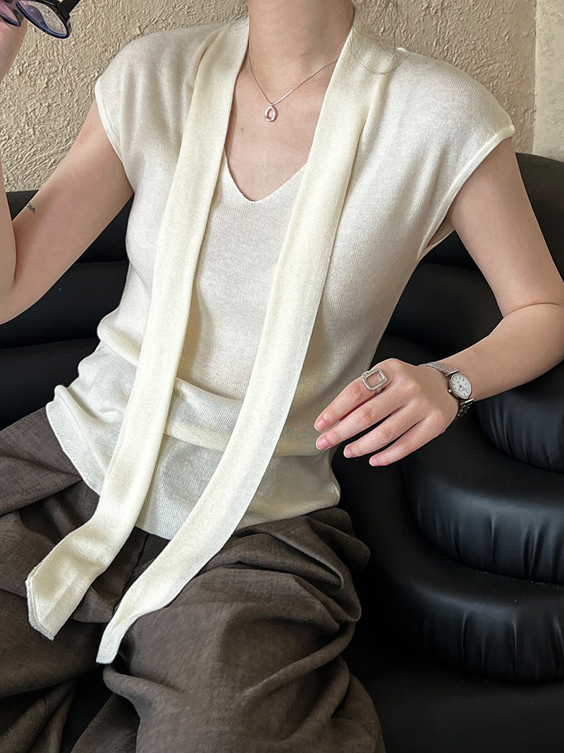 Luxi, Korean version of the design with shawl V-neck short-sleeved T-shirt knitted sweater women's popular autumn shirt top ss552