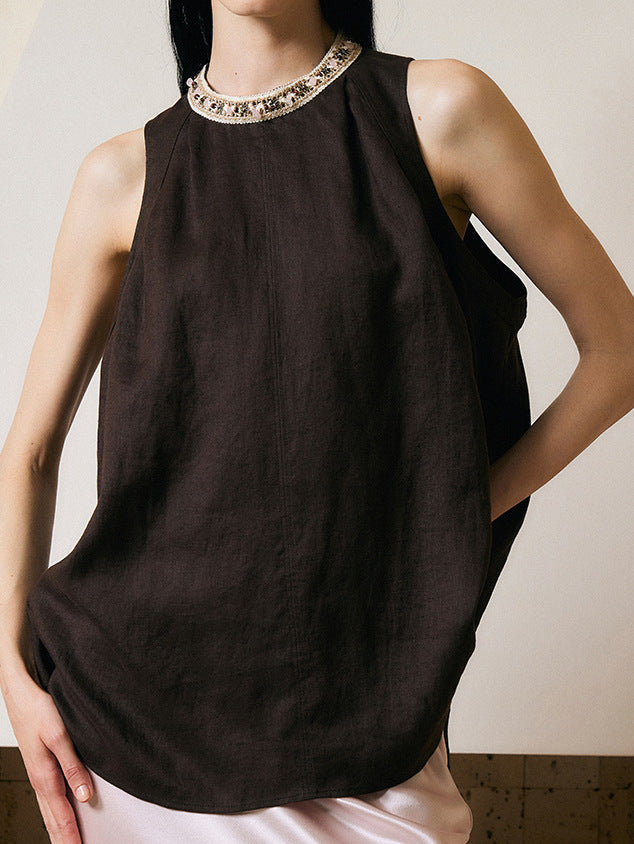 2025 Design Sense Loose Pattern Handmade Beaded Linen Sleeveless Shirt Top Women's Summer