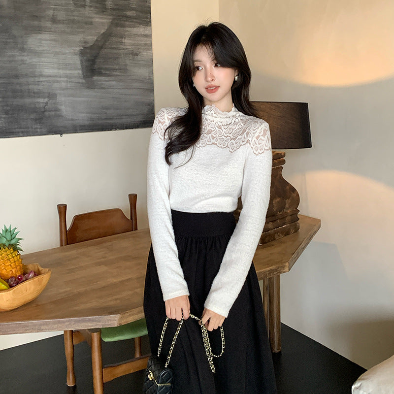 2025 popular autumn and winter new temperament round neck lace polished bottoming shirt women's versatile top tide 89129