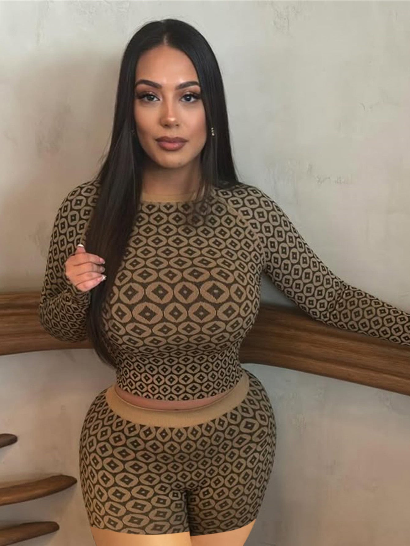 new New Popular trade fashion printing slim-fitting sexy elastic long-sleeved crew neck top trousers suit women's clothing