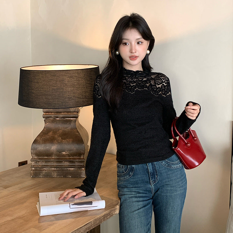 2025 popular autumn and winter new temperament round neck lace polished bottoming shirt women's versatile top tide 89129