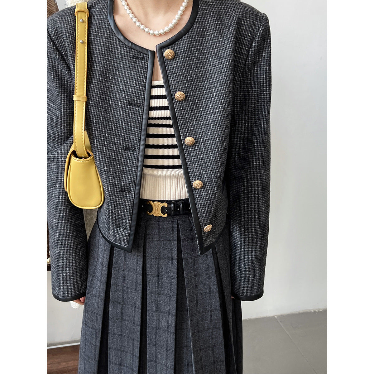 Luxi, Xiaoxiangfeng jacket for women's early spring new pu leather splicing retro thousand bird grid top 5585