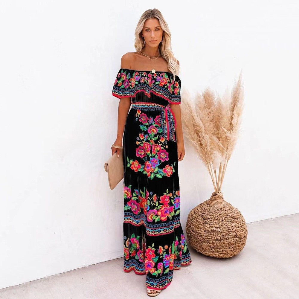 2023 New New Popularan, 2025n Spring and Summer Shoulder Safflower Printing Long Pendulum Dress Women
