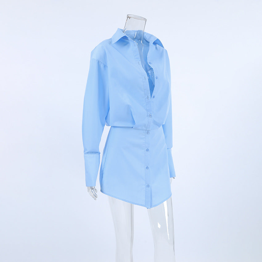 2025 Spring and summer fresh blue loose lapel shirt sleeve hip wrap slim dress New fashion pencil skirt women