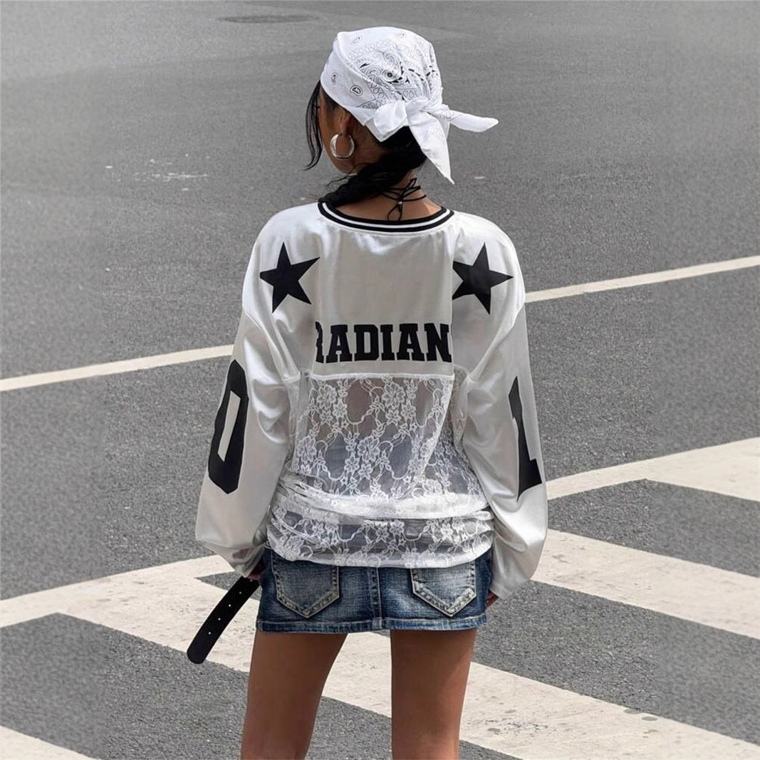 Popular, and summer new women's clothing New Popular trade personalized trend wind printing lace perspective V-neck sweater