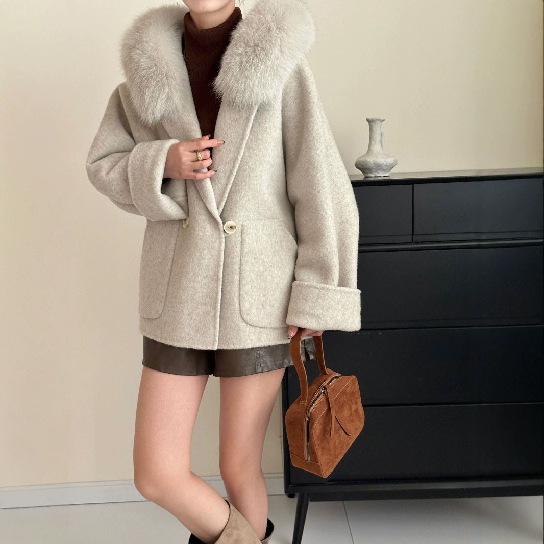 2025 Fox fur hooded large pocket double-breasted removable double-sided wool coat medium and long woolen coat women's autumn and winter