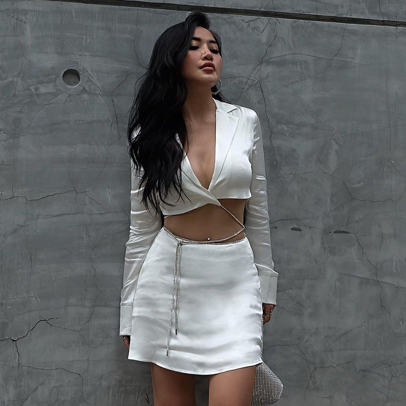 2025 autumn and winter explosion Spice Girl slim-fit rose satin high-waisted lace-up short skirt long-sleeved cardigan two-piece set for women