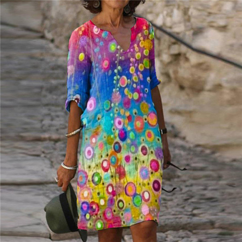 XIANGTUIBAO popular New pullover medium and long dress printing literary loose waist temperament commuter blue medium and long dress