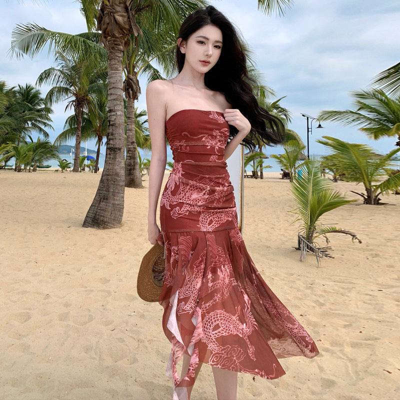 2025 New Chinese style red suspender dress women's summer sexy adult evening dress seaside vacation beach dress