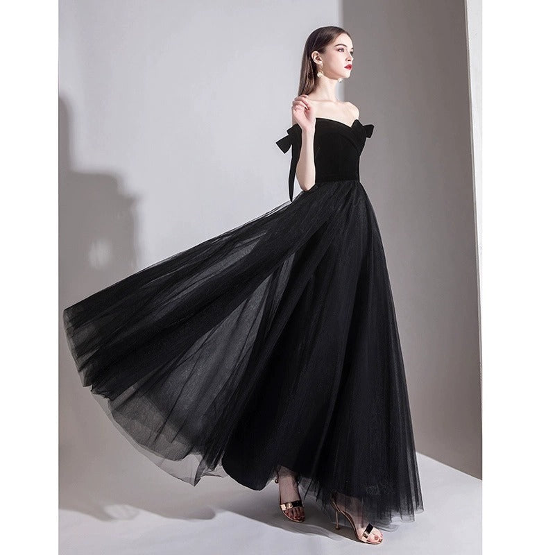 2025 One-word shoulder black evening dress, high-end sense, light luxury, niche banquet host, art test dress, temperament, celebrity dress