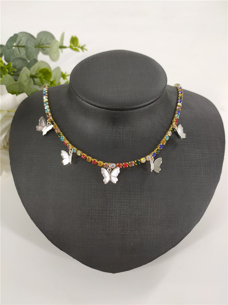 2025 ins Popular trade rhinestone chain copper butterfly necklace female pendant neck chain Popular trade chocker fb1030