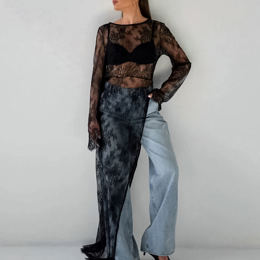 2025 Sexy black perspective dress brocade lace round neck long sleeve split asymmetric dress summer versatile dress