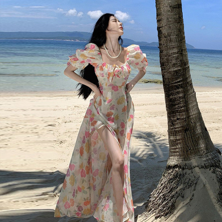 2025 Summer dopamine bubble sleeve floral dress square collar temperament waist seaside vacation long dress beach dress