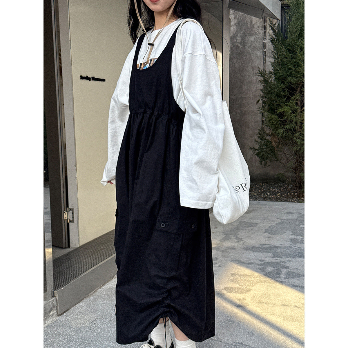 Luxi niche design street style tooling strap skirt women's spring 25 new casual loose high waist long dress 8717