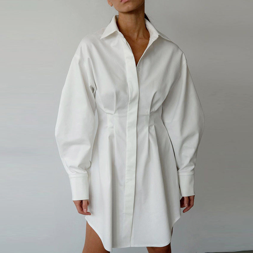 2025 spring women's shirt skirt waist temperament thin long sleeves slim retro niche dress