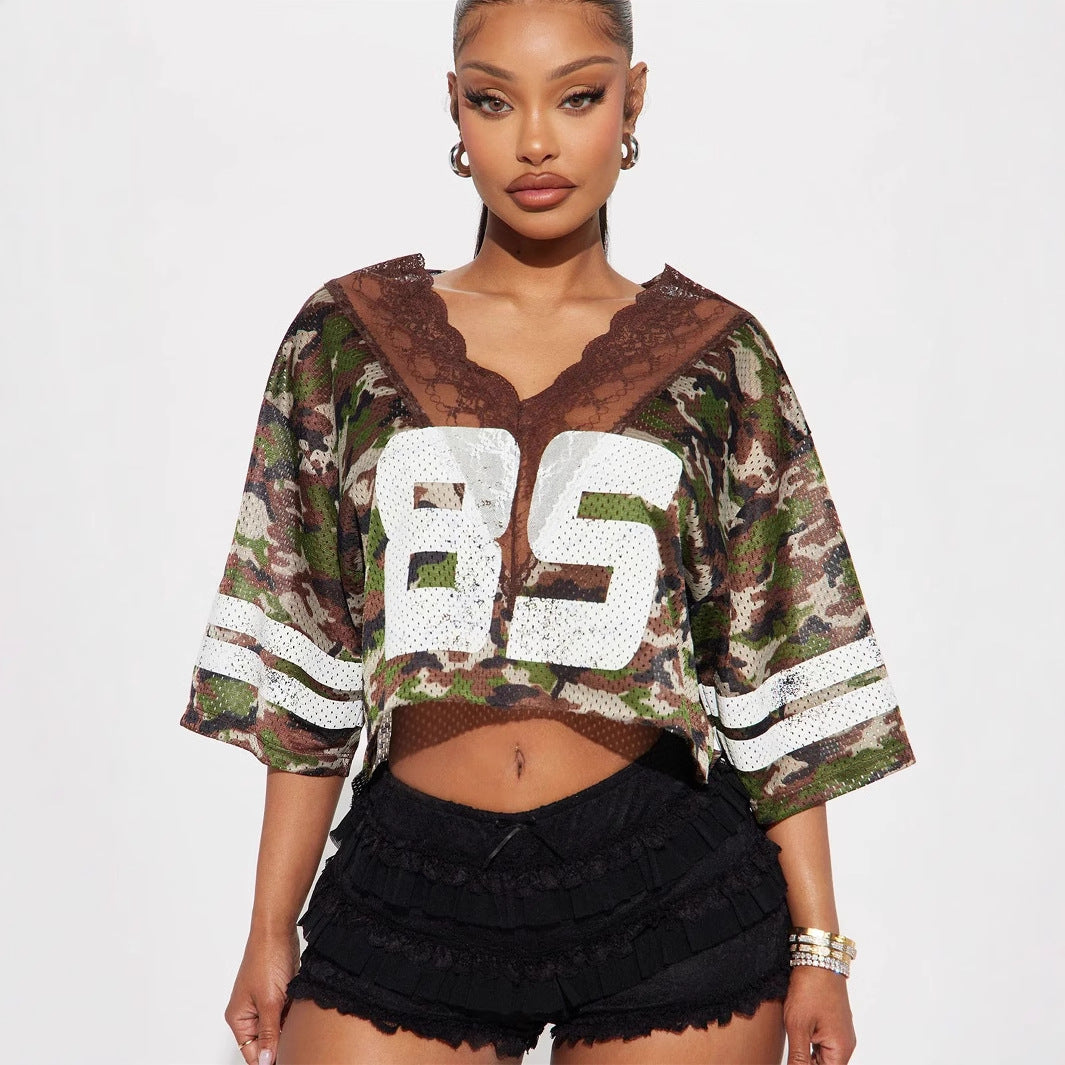 popular summer New printing V-neck lace sexy loose short T-shirt short-sleeved casual top women
