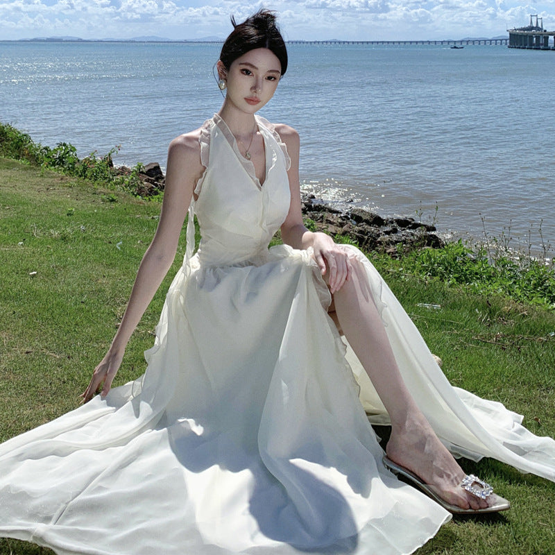 2025 high-end sense super good-looking fairy temperament chiffon neck dress fairy summer seaside vacation long skirt