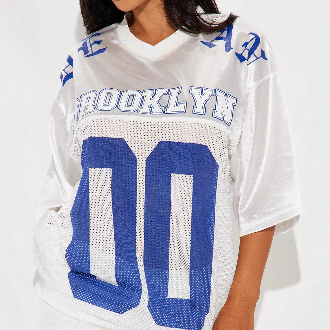 popular autumn new New n retro sports style letter printing loose casual V-neck short-sleeved top
