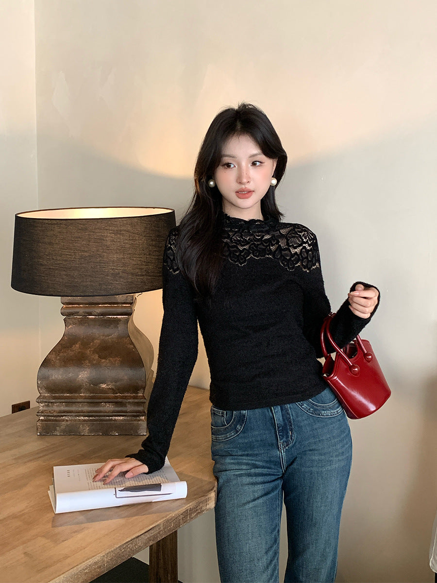 2025 popular autumn and winter new temperament round neck lace polished bottoming shirt women's versatile top tide 89129