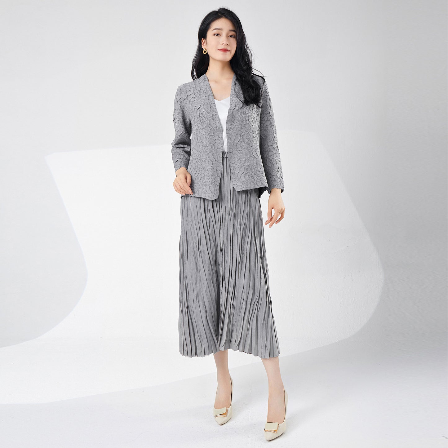 2025 High-end women's clothing suit skirt spring women's design cardigan jacket medium and long skirt versatile pleated two-piece set