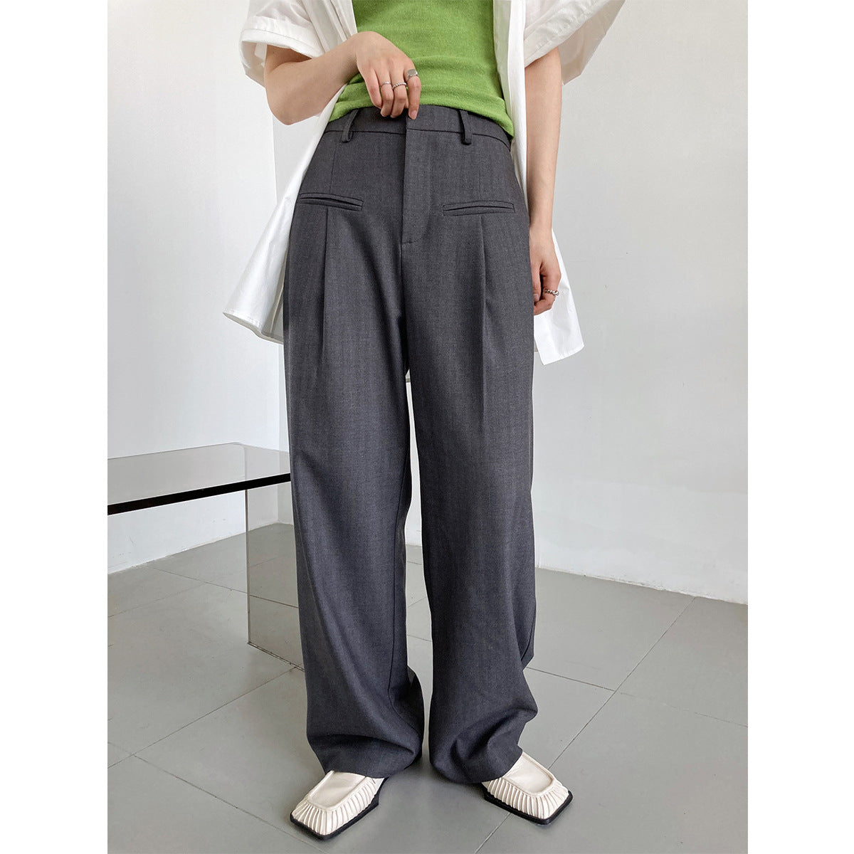 Luxi, spring and autumn design double pocket drape floor pants women's Korean version loose casual wide-leg suit pants 1056