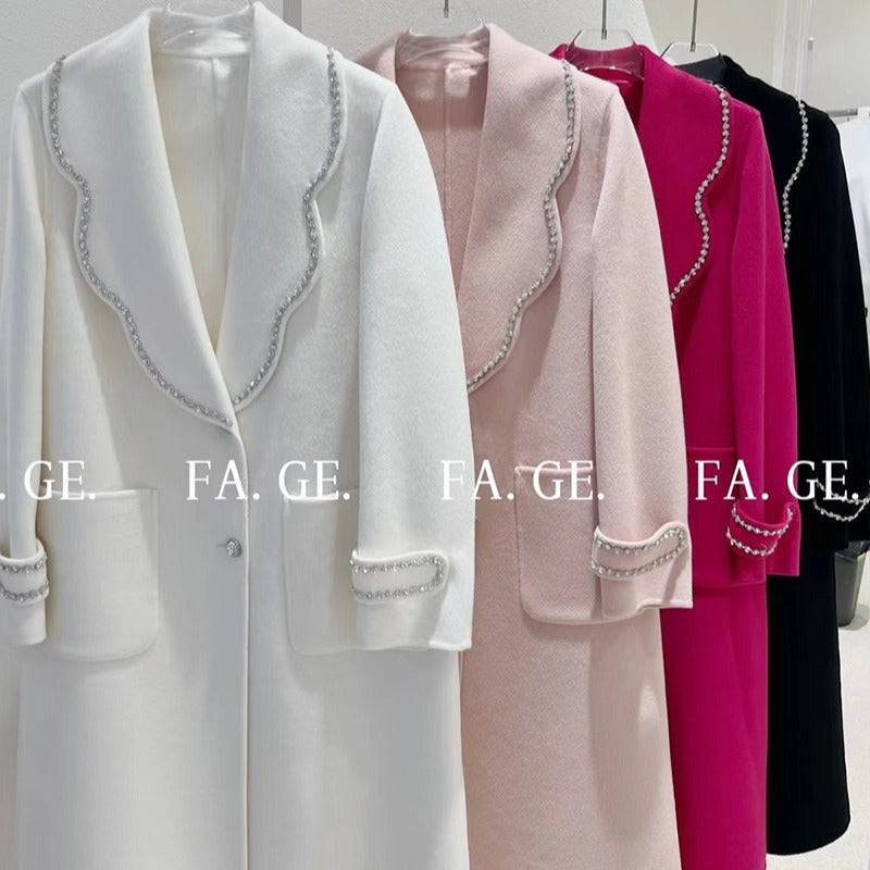 2025 Temperament design small fragrant wind bead trim decoration medium and long double-sided wool coat autumn and winter lace-up woolen