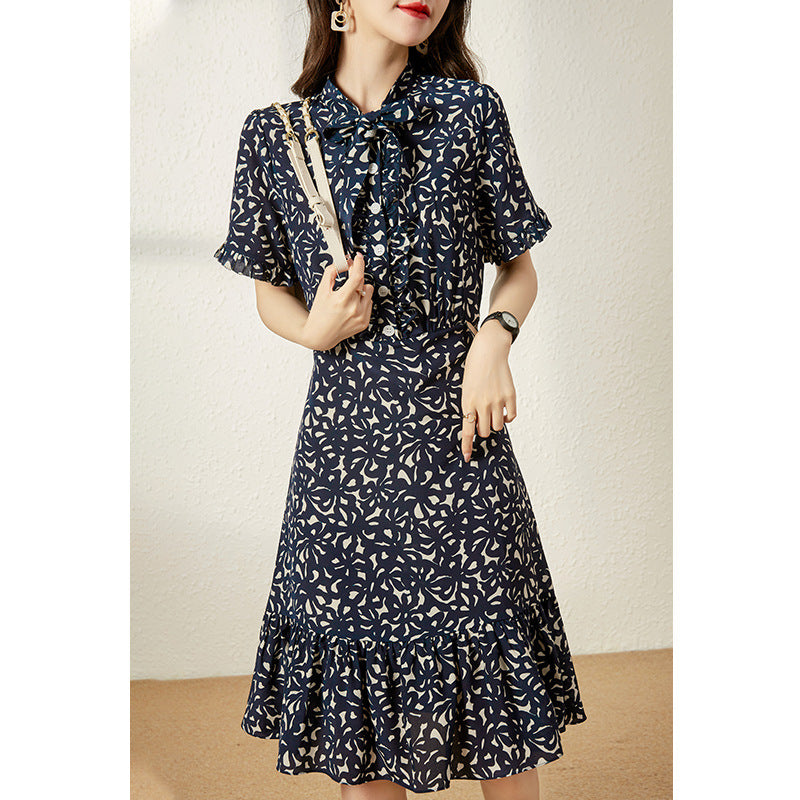 2025 summer women's clothing mulberry silk medium and long first love coffee break skirt silk fishtail dress bow floral skirt