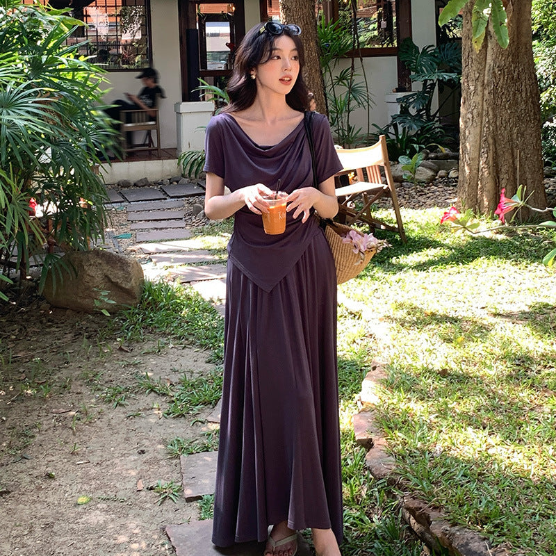 2025 spring and summer temperament knitted swing collar short sleeves + high waist skirt two-piece suit female 89261