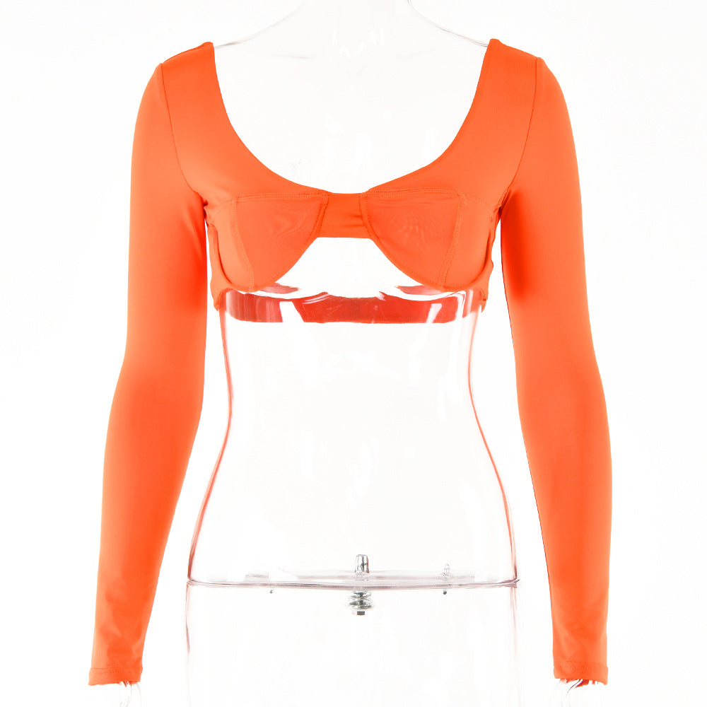 2025 sexy V-neck Spice Girls chest-wrapped T-shirt summer new solid color U-shaped backless long-sleeved navel top