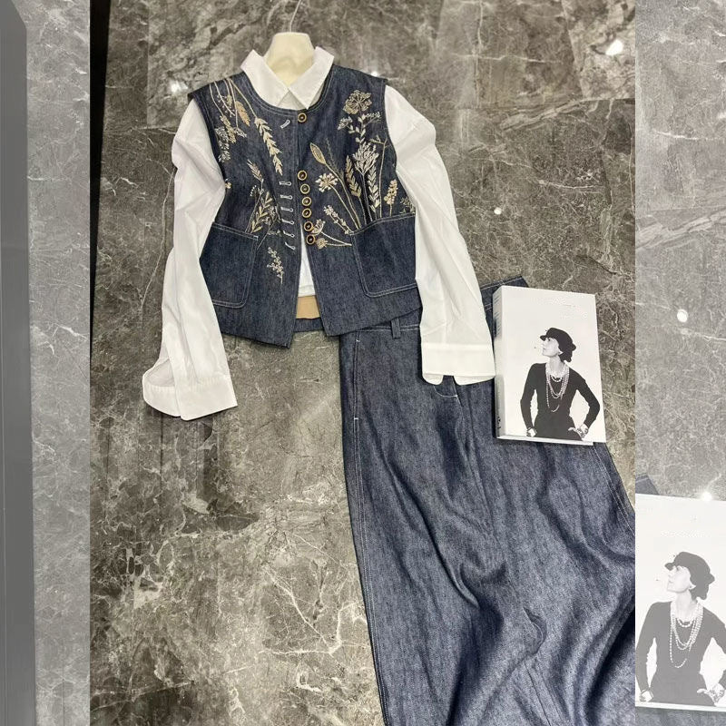 2025 Niche high-end embroidery washed denim vest spring and summer new loose and thin linen trousers set