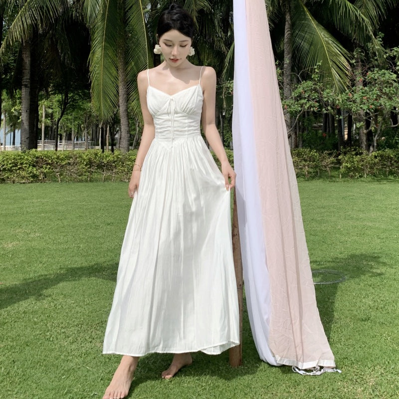 2025 White super fairy seaside vacation banquet photo dress manor girl retro lace long dress suspender dress