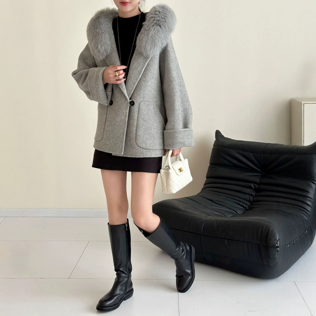 2025 Fox fur hooded large pocket double-breasted removable double-sided wool coat medium and long woolen coat women's autumn and winter