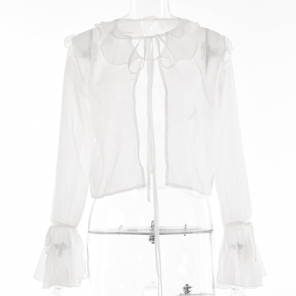 2025 Sexy see-through strap waist top summer women's trendy new light and thin sunscreen shirt long-sleeved T-shirt