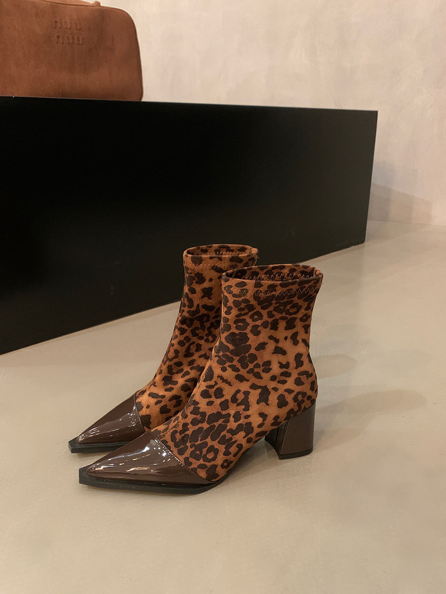 2025 Thick high heels pointed thin boots short boots women's shoes popular new autumn and winter single boots leopard print temperament small bare boots