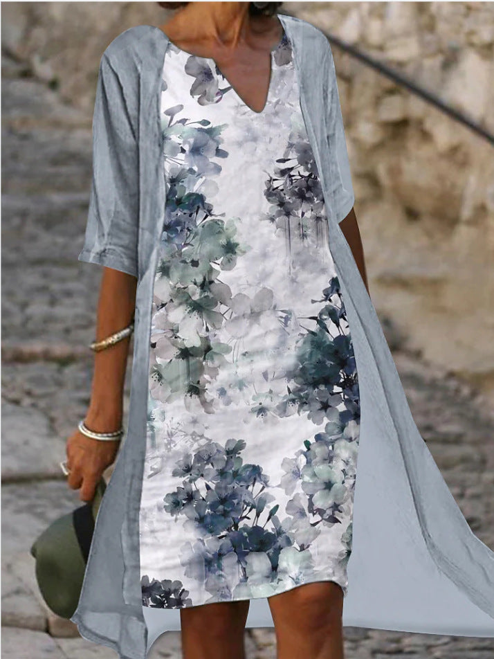 XIANGTUIBAO popular New sleeve design hemp printing loose waist medium and long dress national style retro ramie dress two-piece set