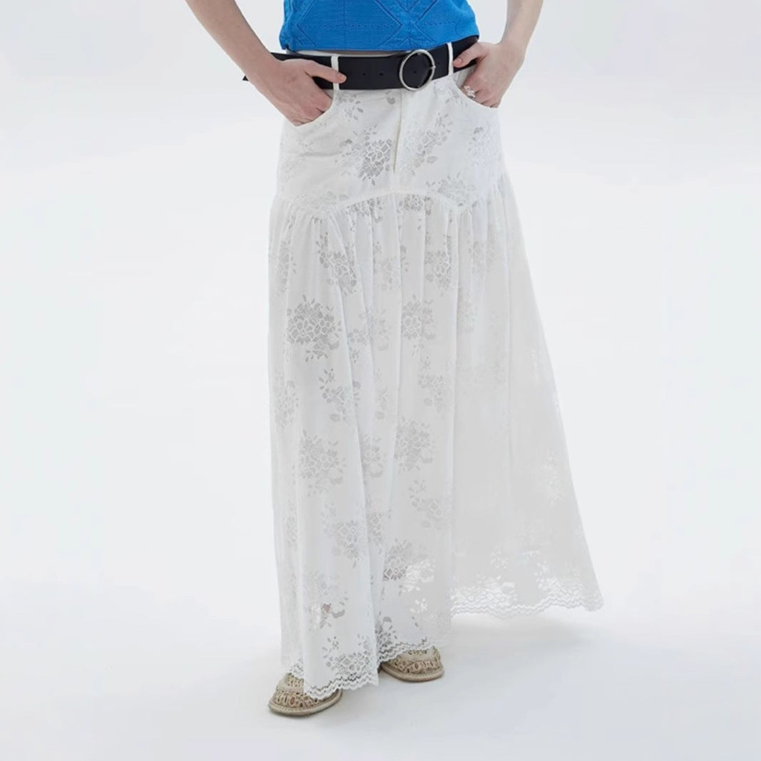 2025 High sense heavy industry white lace skirt women's spring and summer new high waist big swing dress