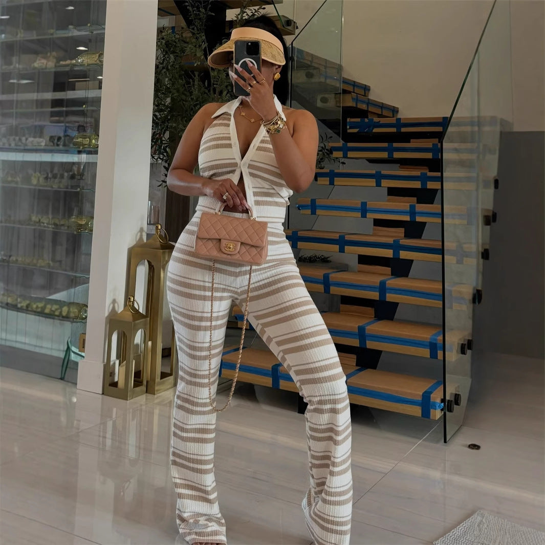 In the summer of , New new women's clothing casual shirt collar sleeveless top waist-wrapped hip trousers set