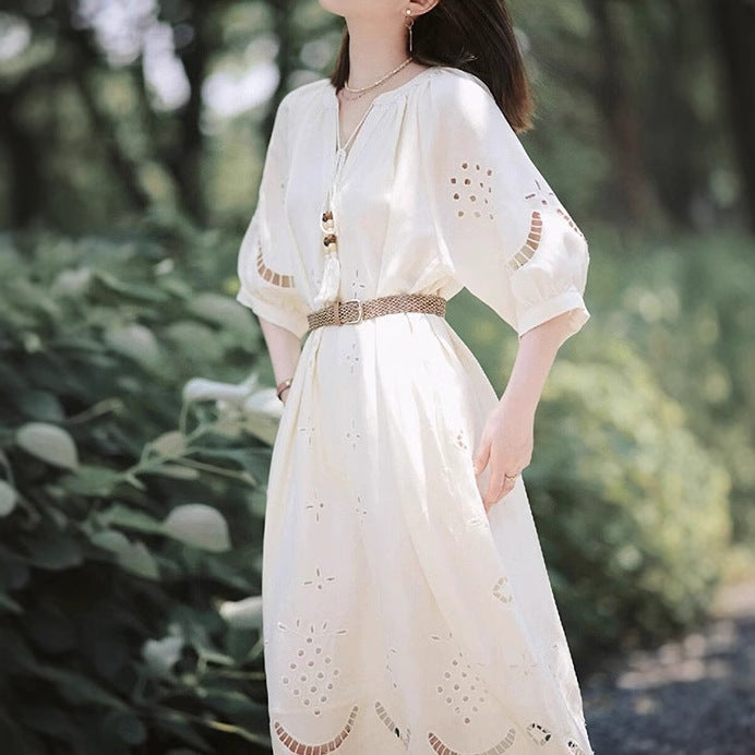 2025 gentle wind white hollow dress women's spring new bohemian niche design skirt