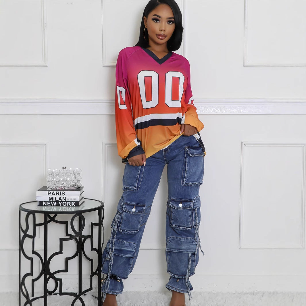 popular Autumn Festival new New color contrast fashion printing loose leisure sports style long-sleeved jersey V-neck top