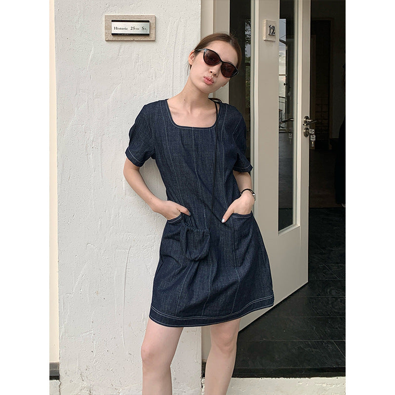 2025 THE MIND square collar with bag denim dress 2025 summer new Korean casual mid-skirt A-shaped skirt 006AX