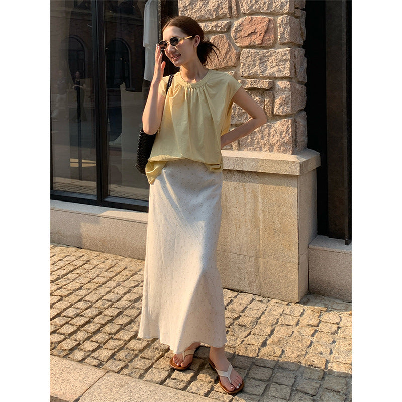 2025 THE MIND Tencel linen floral skirt 2025 summer new high waist thin versatile A-shaped skirt 019AX