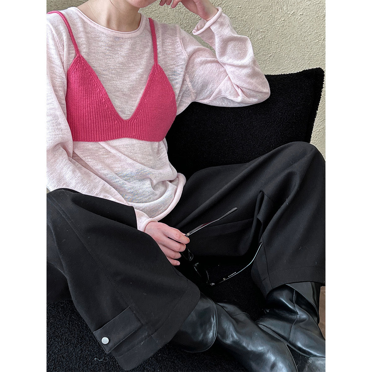 Luxi Korean sling vest + crew neck knitted sweater set for women's spring new contrasting colors stacked two-piece set ss708