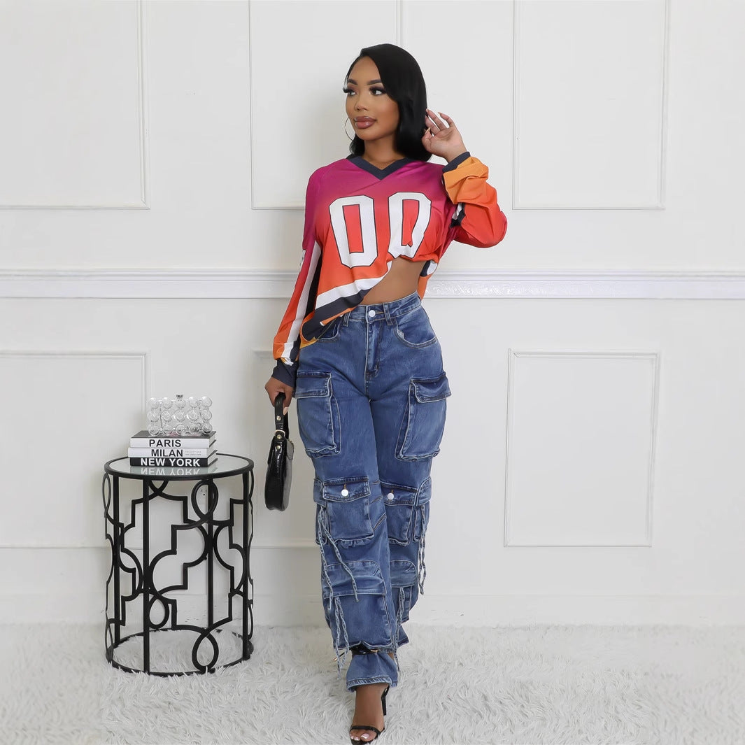 popular Autumn Festival new New color contrast fashion printing loose leisure sports style long-sleeved jersey V-neck top