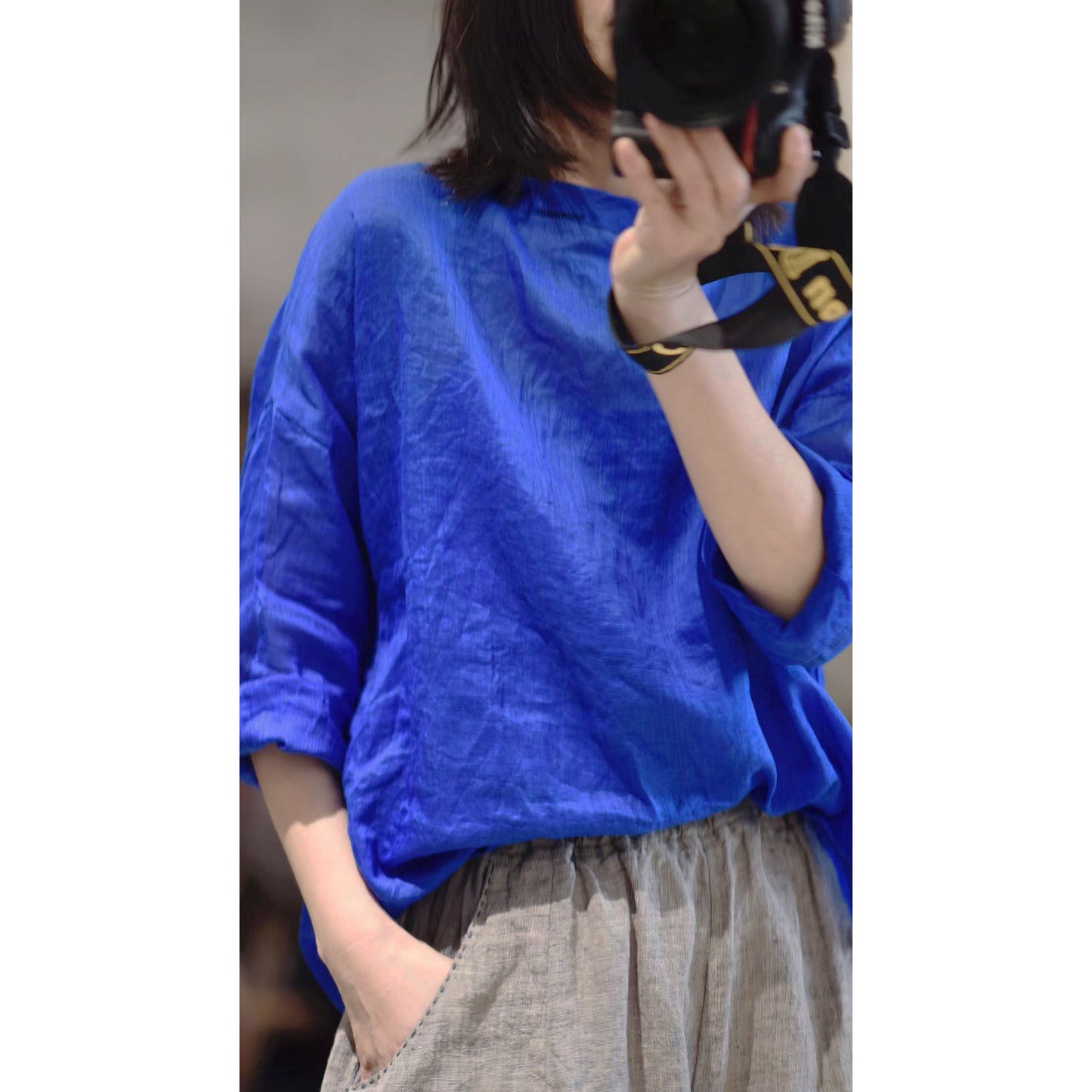2025 22/5 small master, literary and retro light and casual pullover, one-word collar summer sunscreen ramie shirt