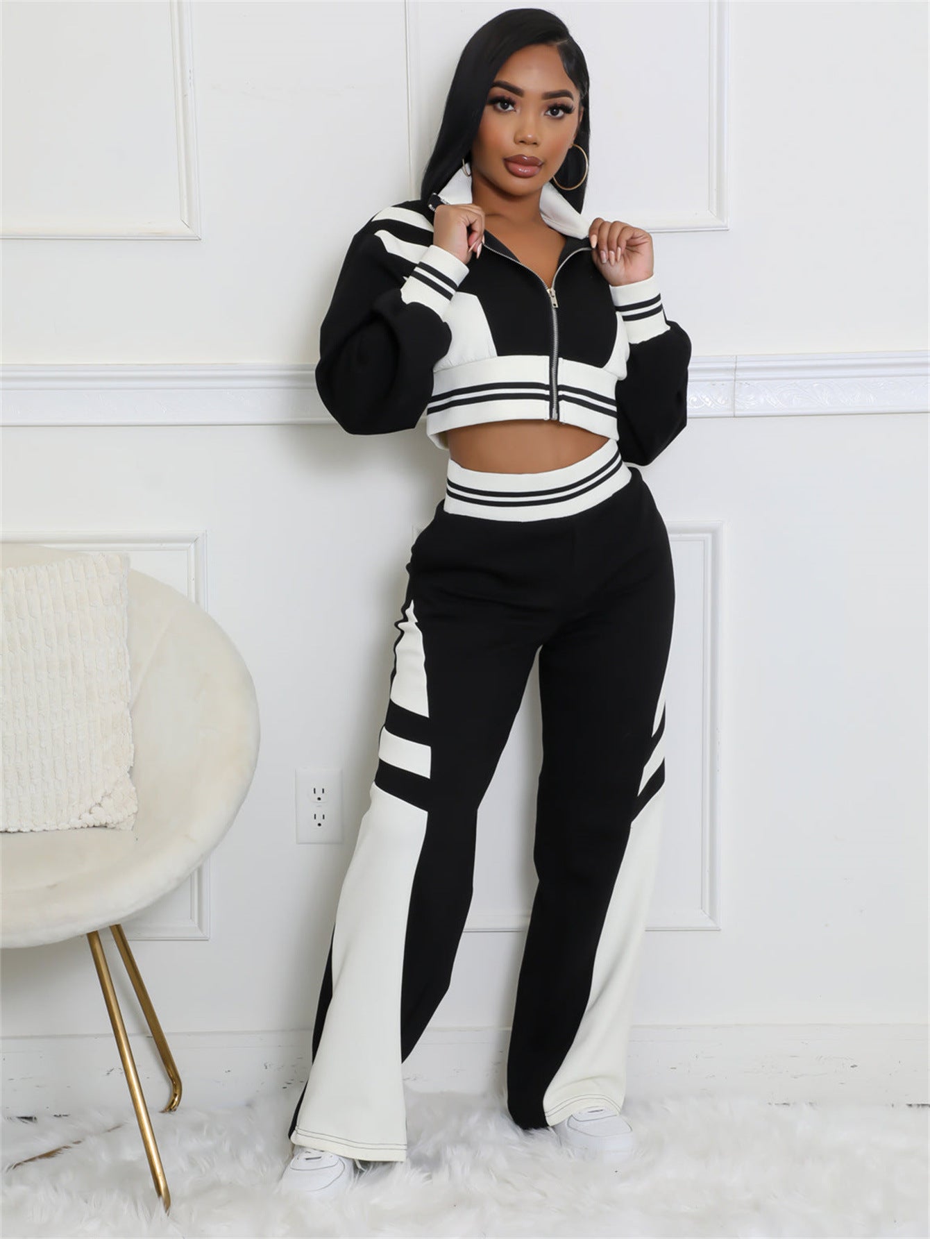popular autumn new New fashion trends contrasting colors casual sports long-sleeved jacket top trousers set