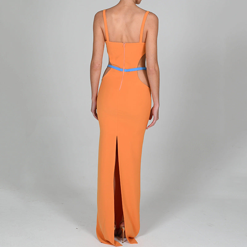 2025 's new contrasting color splicing suspender backless A-word skirt, a hot-selling sexy waist split dress for women in autumn